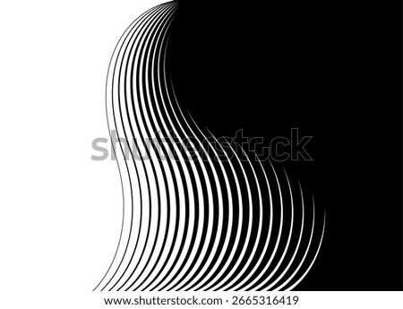Abstract hair. Smooth vector transition from black to white. Abstract wave of thin lines. Divided two-color background. Design element for covers, packaging, video. Vector background. Beauty