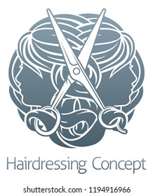 An abstract hairdresser hair salon stylist concept with womens faces and scissors