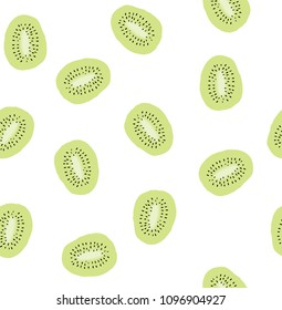 Abstract Half Cut Fruits Vector Pattern. Cute Hand Drawn Kiwi Isolated on a White Background. Simple Infantile Sweet Fruits Vector Design. Slices of Green Kiwi Scattered on a White Background.