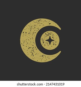 Abstract half moon golden bright star mythology spiritual esoteric decorative design grunge texture vector illustration. Beautiful outline crescent sky universal space symbol of meditation on black