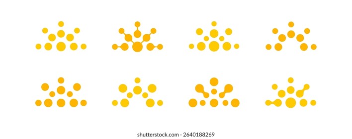 Abstract Half Sun Logo Set, Abstract Circular Sunset Dot Icon Collection. Bright Dotted Sunny Emblem on White BG for Vacation, Solar Energy, Warm Weather, Science, Technology. Vector Illustration