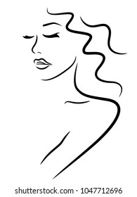 Abstract half turn portrait of young beautiful lady with closed eyes, simple vector outline