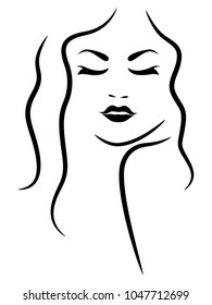 Abstract half turn portrait of young beautiful lady with closed eyes, simple vector outline