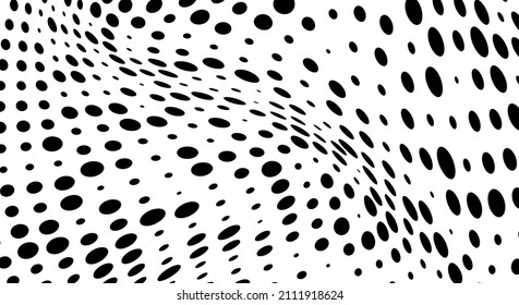 Abstrakte Halfton-Textur in Schwarz-Weiß. Ein chaotisches Muster von Punkten auf weißem Hintergrund. Moderne optische Vektorstruktur von Pop-Art für Poster, Visitenkarten, Cover, Etikettenlayouts, Aufkleber
