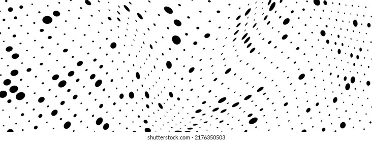 Abstract halfton texture in black and white. A chaotic pattern of dots on a white background. Vector modern optical texture of pop art for posters, business cards, covers, label layouts, stickers