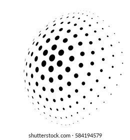 Abstract halftone 3D sphere of circle dots in radial arrangement. Simple modern design vector element in black and white.