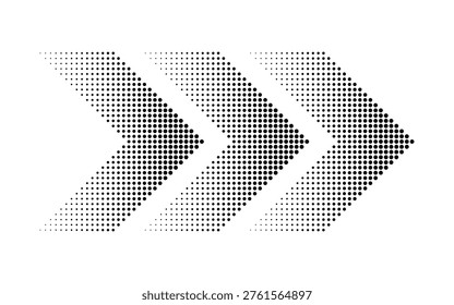Abstract halftone arrow pattern with dotted gradient effect, dynamic forward direction design, modern geometric vector background for technology, speed, and progress concepts.
