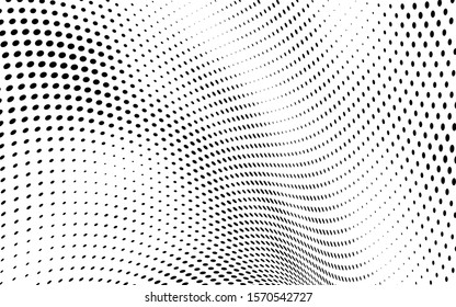 Abstract halftone background. Art texture of dots. Chaotic waves. Monochrome vintage backdrop. Black and white vector surface