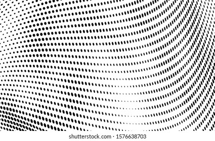 Abstract halftone background. Art texture of dots. Chaotic waves. Monochrome vintage backdrop. Black and white vector surface