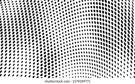 Abstract halftone background. Art texture of dots. Chaotic waves. Monochrome vintage backdrop. Black and white vector surface