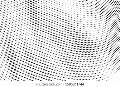 Abstract halftone background. Art texture of dots. Chaotic waves. Monochrome vintage backdrop. Black and white vector surface