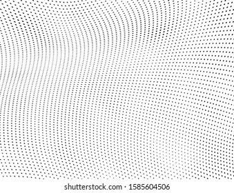Abstract halftone background. Art texture of dots. Chaotic waves. Monochrome vintage backdrop. Black and white vector surface