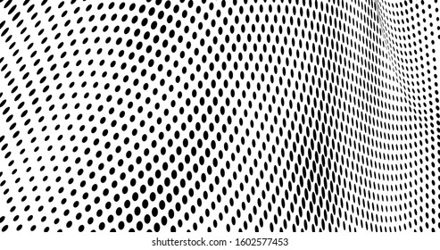 Abstract halftone background. Art texture of dots. Chaotic waves. Monochrome vintage backdrop. Black and white vector surface