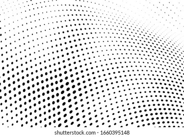 Abstract halftone background. Art texture of dots. Chaotic waves. Monochrome vintage backdrop. Black and white vector surface