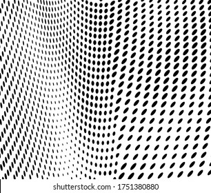Abstract halftone background. Art texture of dots. Chaotic waves. Monochrome vintage backdrop. Black and white vector surface