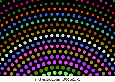 Abstract halftone background, colorful dots mosaic pattern on black. Interesting geometric pattern vector design.  