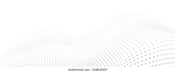 Abstract halftone background with curved surface made of small dots, gray on white
