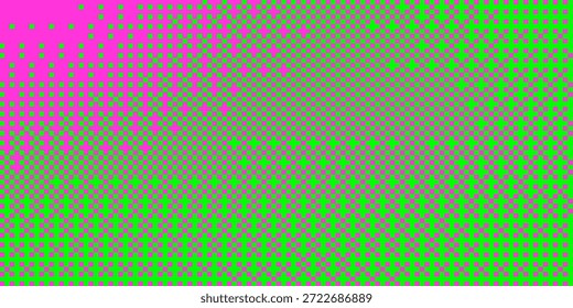 Abstrakter Halbtonhintergrund mit einem geometrischen quadratischen Muster mit einer fetten Neonfarbenkombination aus hellgrünem und magentafarbenem Hintergrund.