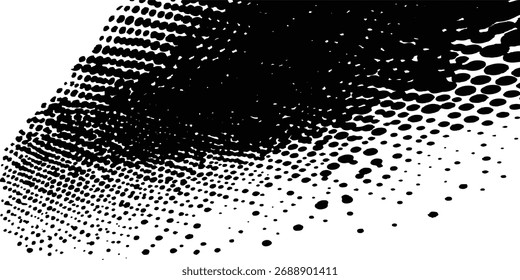 Abstract halftone background featuring a mix of black and white halftone dots and brush strokes. Vector black ink splatter brush stroke on diagonal halftone background.	