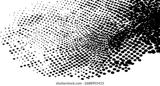Abstract halftone background featuring a mix of black and white halftone dots and brush strokes. Vector black ink splatter brush stroke on diagonal halftone background.	