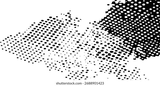 Abstractas fondo de semitono con una mezcla de puntos de semitono blanco y negro y trazos de pincel. Trazo de pincel de salpicadura de tinta negra de Vector sobre fondo de semitono diagonal.	