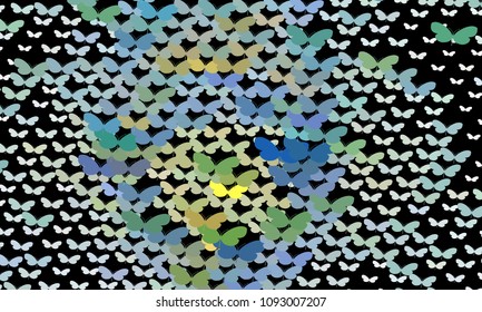 Abstract halftone background with flying butterflies. Vector clip art.
