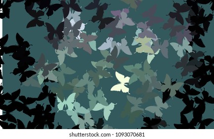 Abstract halftone background with a lot of flying butterflies. Vector clip art.