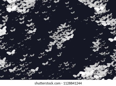 Abstract halftone background with a lot of flying butterflies. Vector clip art.