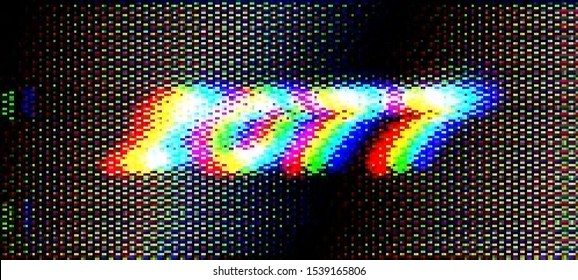 Abstract halftone background with glitched number "2077". Vector illustration in a cyberpunk style. Colorful techno backdrop with aesthetics of vaporwave style of 80's. Retrowave colorful wallpaper.