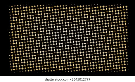 Abstract halftone background with glowing yellow and orange dots on a dark black canvas. for digital art, futuristic interfaces, energetic design projects requiring a luminous and pixelated texture