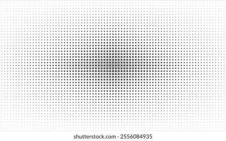 Abstract halftone background with a gradient pattern of small black dots expanding outward symmetrically, creating a modern and dynamic visual effect