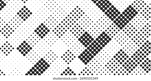 Fundo de meio-tom abstrato feito de pontos circulares pretos e brancos formando formas geométricas semelhantes a pixels.