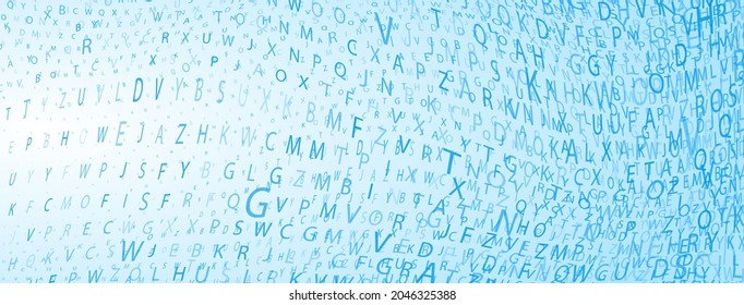 Abstract halftone background made of letters of different sizes in light blue colors
