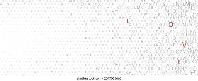Resumen de fondo medio tono hecho de letras de diferentes tamaños en colores blanco y gris y palabra AMOR en rojo