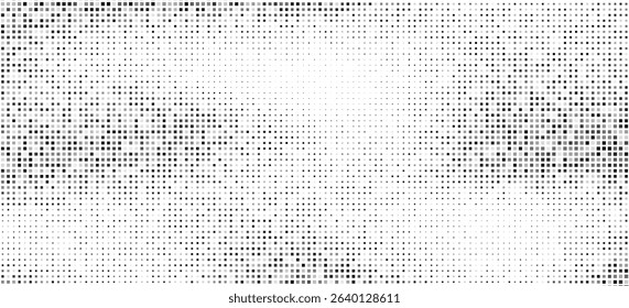 Abstract halftone background made from small black square pixels on white backdrop. Dotted grid design that forms a dynamic gradient pattern. Vector illustration.