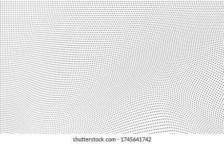 Abstract halftone background. Monochrome grunge pattern of dots. The waves are smooth and chaotic. Pop art texture for business cards, posters, labels, business cards