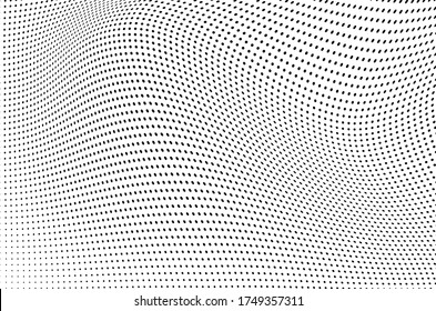 Abstract halftone background. Monochrome grunge pattern of dots. The waves are smooth and chaotic. Pop art texture for business cards, posters, labels, business cards
