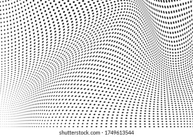 Abstract halftone background. Monochrome grunge pattern of dots. The waves are smooth and chaotic. Pop art texture for business cards, posters, labels, business cards