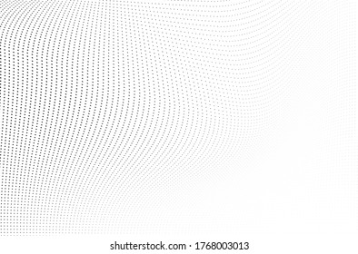 Abstract halftone background. Monochrome grunge pattern of dots. The waves are smooth and chaotic. Pop art texture for business cards, posters, labels, business cards