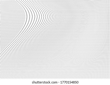 Abstract halftone background. Monochrome grunge pattern of dots. The waves are smooth and chaotic. Pop art texture for business cards, posters, labels, business cards
