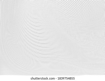 Abstract halftone background. Monochrome grunge pattern of dots. The waves are smooth and chaotic. Pop art texture for business cards, posters, labels, business cards