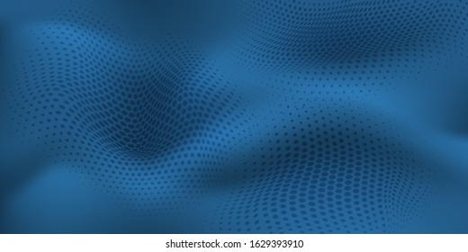 Abstract halftone background with wavy surface made of dots in blue colors