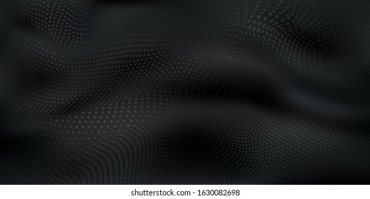 Abstract halftone background with wavy surface made of dots in black colors