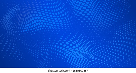 Abstract halftone background with wavy surface made of dots in blue colors