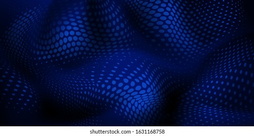 Abstract halftone background with wavy surface made of dots in blue colors
