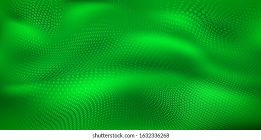 Abstract halftone background with wavy surface made of dots in green colors