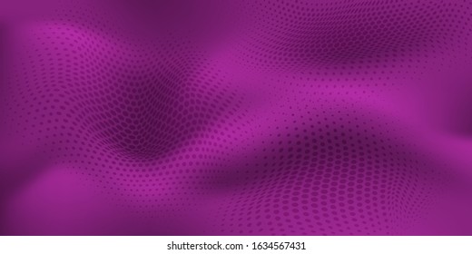 Abstract halftone background with wavy surface made of dots in purple colors