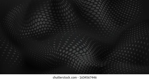 Abstract halftone background with wavy surface made of dots in black colors