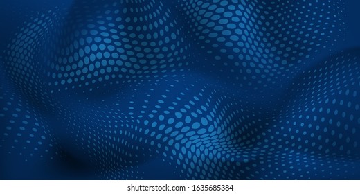 Abstract halftone background with wavy surface made of dots in blue colors