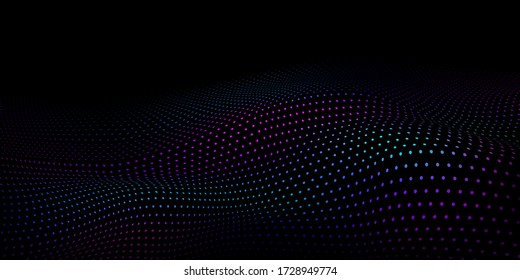 Abstract halftone background with wavy surface made of colored dots on black